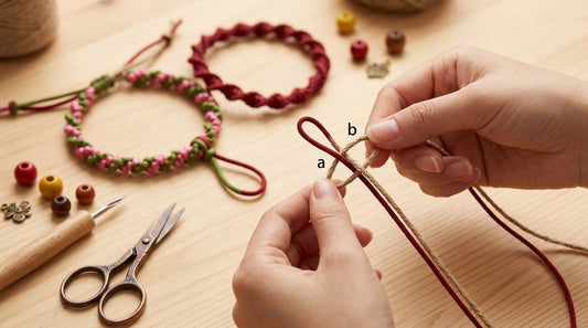 Single-direction square knot tutorial showing handmade spiral cord technique