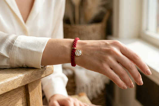 Elegant woman wearing a handcrafted red braided string bracelet with a dangling solitaire diamond pendant