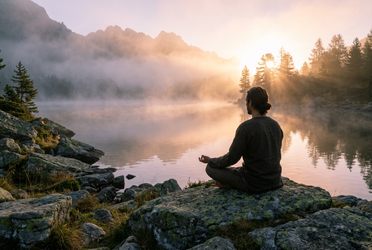 Serene morning sunrise over calm waters and misty mountains symbolizing inner peace, spiritual sanctuary, and sacred protection