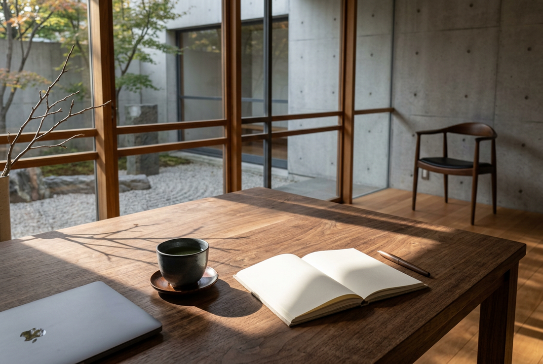 Steve Jobs Taoist Subtraction - Minimalist Walnut Desk with Clean Morning Light