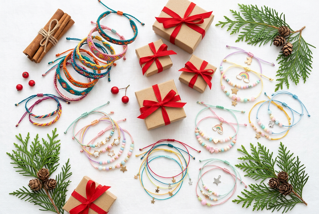 Aesthetic holiday stocking stuffer gift flat-lay featuring handcrafted cord bracelets and small gift boxes