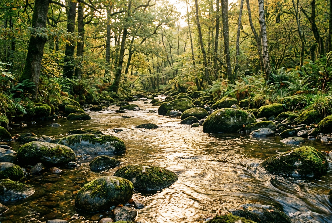 Taoist Water Wisdom - Mountain Stream Flowing Gracefully Around River Stones