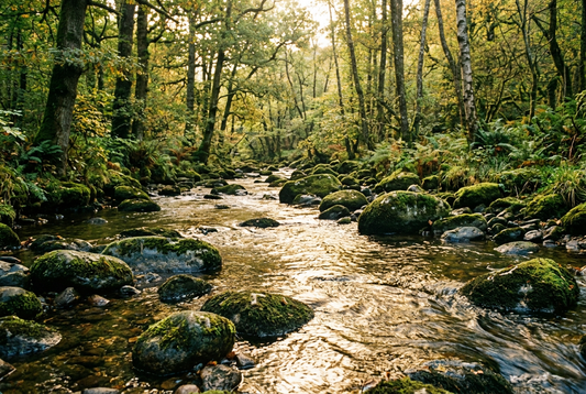 Taoist Water Wisdom - Mountain Stream Flowing Gracefully Around River Stones