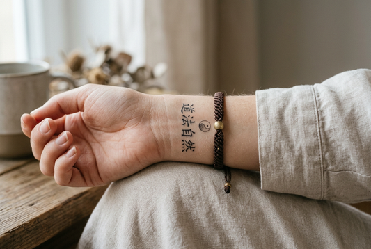 Minimalist inner wrist tattoo of Taoist calligraphy stacked with handwoven cord bracelet