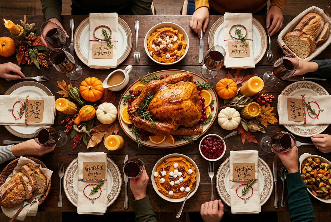 Festive Thanksgiving holiday dinner feast flat-lay with golden roasted turkey, pumpkins, wine goblets, candlelight, and handcrafted gratitude friendship cord bracelets on place settings