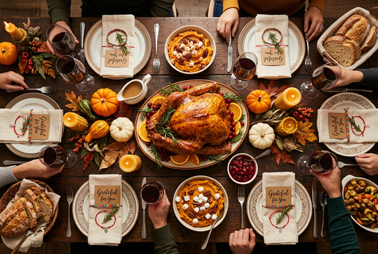 Festive Thanksgiving holiday dinner feast flat-lay with golden roasted turkey, pumpkins, wine goblets, candlelight, and handcrafted gratitude friendship cord bracelets on place settings