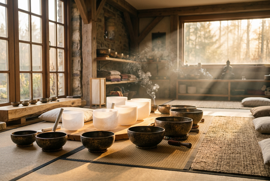 Tibetan and Crystal Singing Bowls in Morning Sunlight for Sound Bath Healing