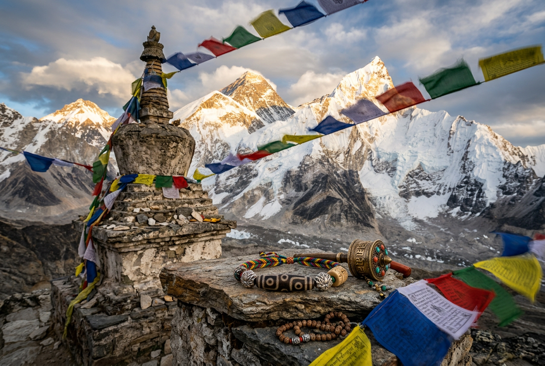 Sacred Himalayan scene with Tibetan prayer flags, genuine nine-eyed Dzi bead bracelet, antique Tibetan silver charms, and brass prayer wheel
