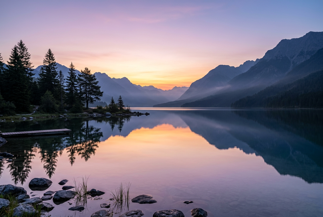 A breathtaking serene alpine lake at twilight with water completely still like a polished mirror reflecting soft lavender, amber gold, and rose twilight, evoking meditative serenity, refined elegance, and peaceful mindfulness