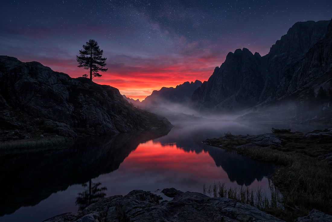 A serene and mystical twilight mountain landscape at dusk with dark obsidian stone cliffs and tranquil waters reflecting a glowing crimson-red sunset, symbolizing grounding protection and vibrant inner energy
