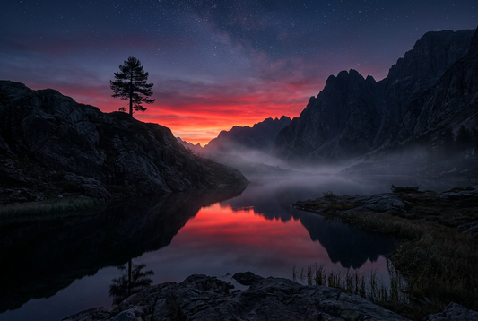 A serene and mystical twilight mountain landscape at dusk with dark obsidian stone cliffs and tranquil waters reflecting a glowing crimson-red sunset, symbolizing grounding protection and vibrant inner energy