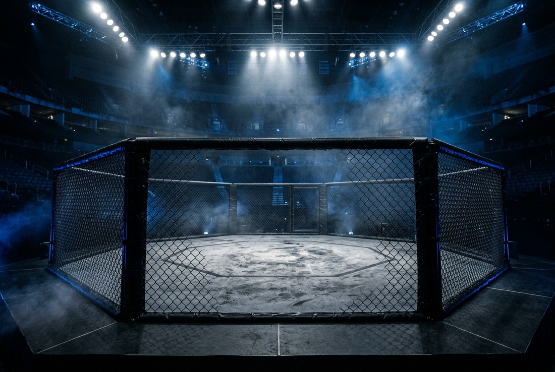 Championship MMA Octagon cage arena under dramatic overhead spotlights and fight night atmosphere
