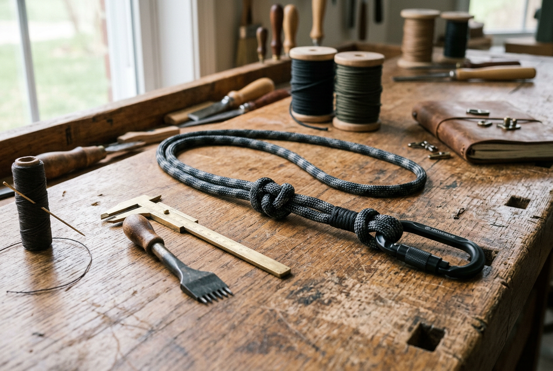 Handcrafted climbing utility rope strap and artisan cord tools on wooden workshop bench