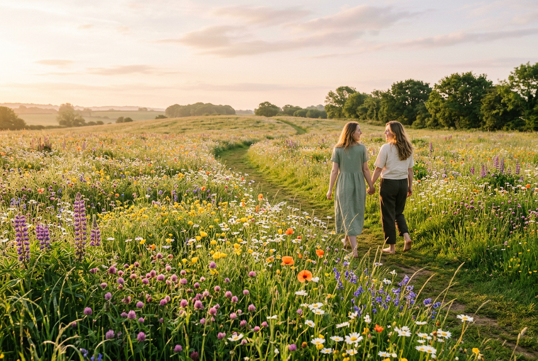 A sun-drenched blooming wildflower meadow at golden morning light with colorful blossoms swaying in a gentle breeze, symbolizing lifelong friendship, natural vitality, joy, and serene beauty