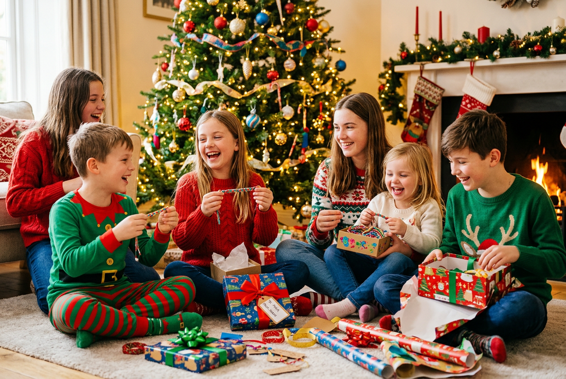 Joyful children unwrapping handmade Christmas bracelet gifts and craft kits around a glowing Christmas tree
