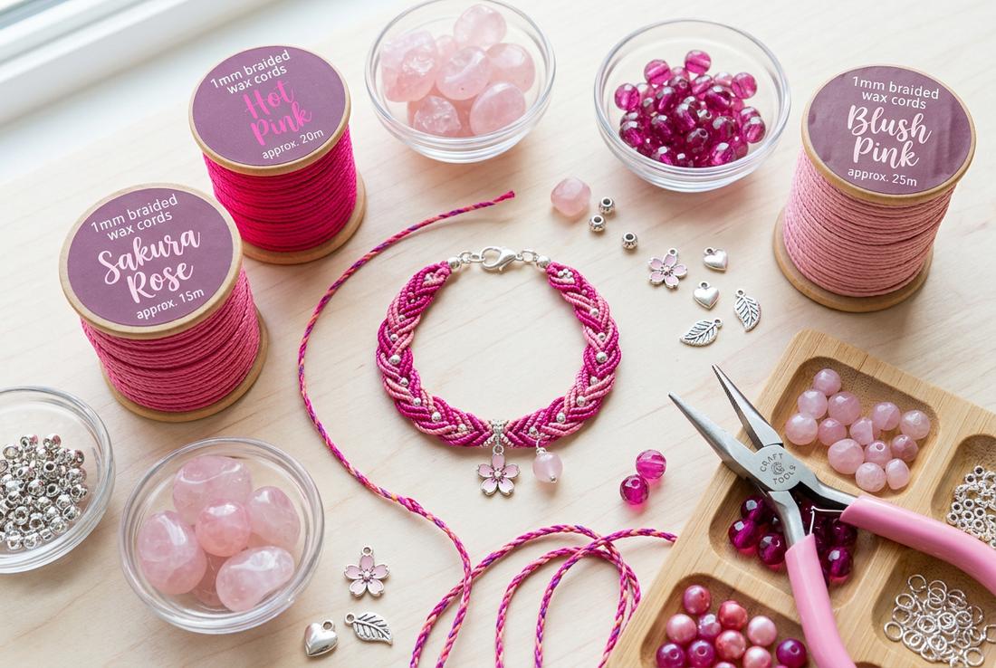 Vibrant pink 1mm wax cord handmade braided bracelet and jewelry crafting flat-lay