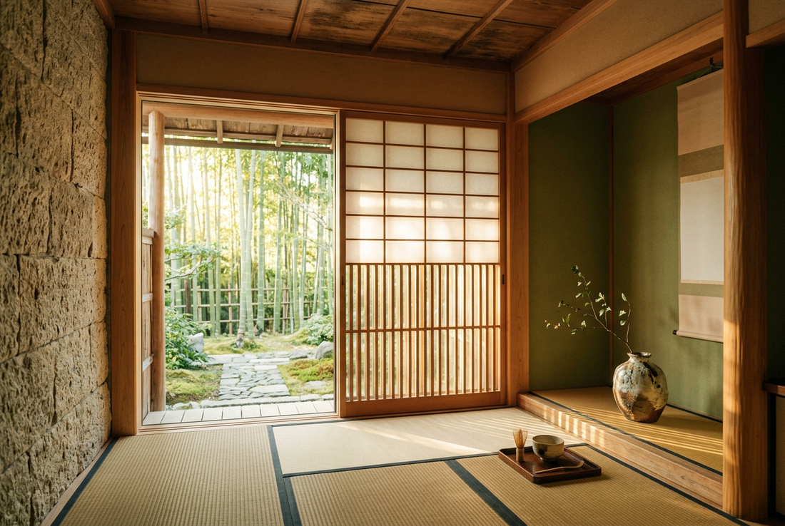 Serene Japanese Minimalist Tea Room with Natural Bamboo and Soft Morning Sunlight