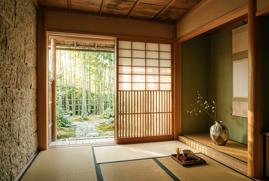 Serene Japanese Minimalist Tea Room with Natural Bamboo and Soft Morning Sunlight