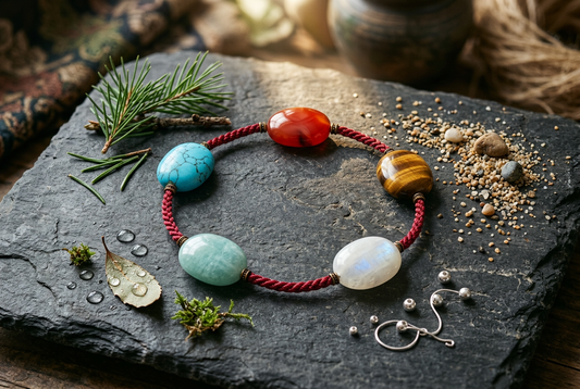 Taoist Five Elements Sacred Circle of Crystals on Slate Stone - Wood, Fire, Earth, Metal, Water Cosmic Harmony