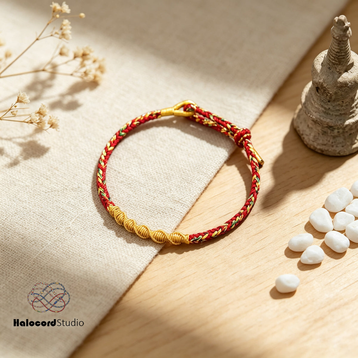 Pulsera de la suerte hecha a mano: cordón tejido en espiral dorado con cierre ajustable