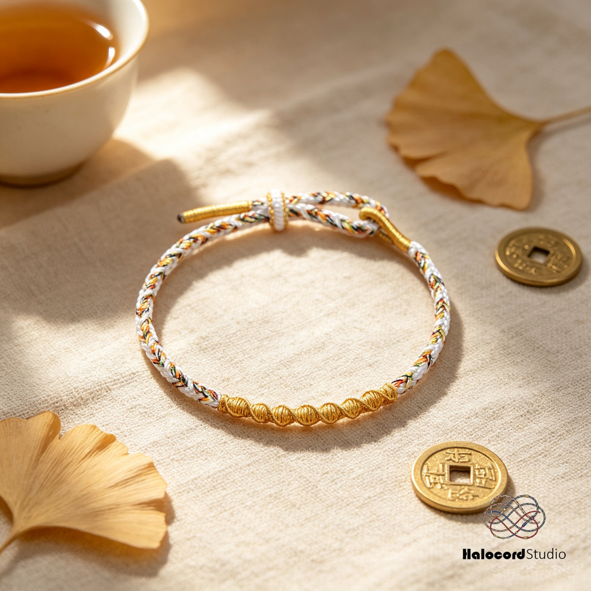 Pulsera de la suerte hecha a mano: cordón tejido en espiral dorado con cierre ajustable