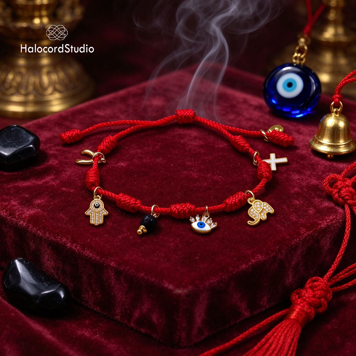 7 Knots Kabbalah Red String Protection Bracelet with 6 Lucky Amulets
