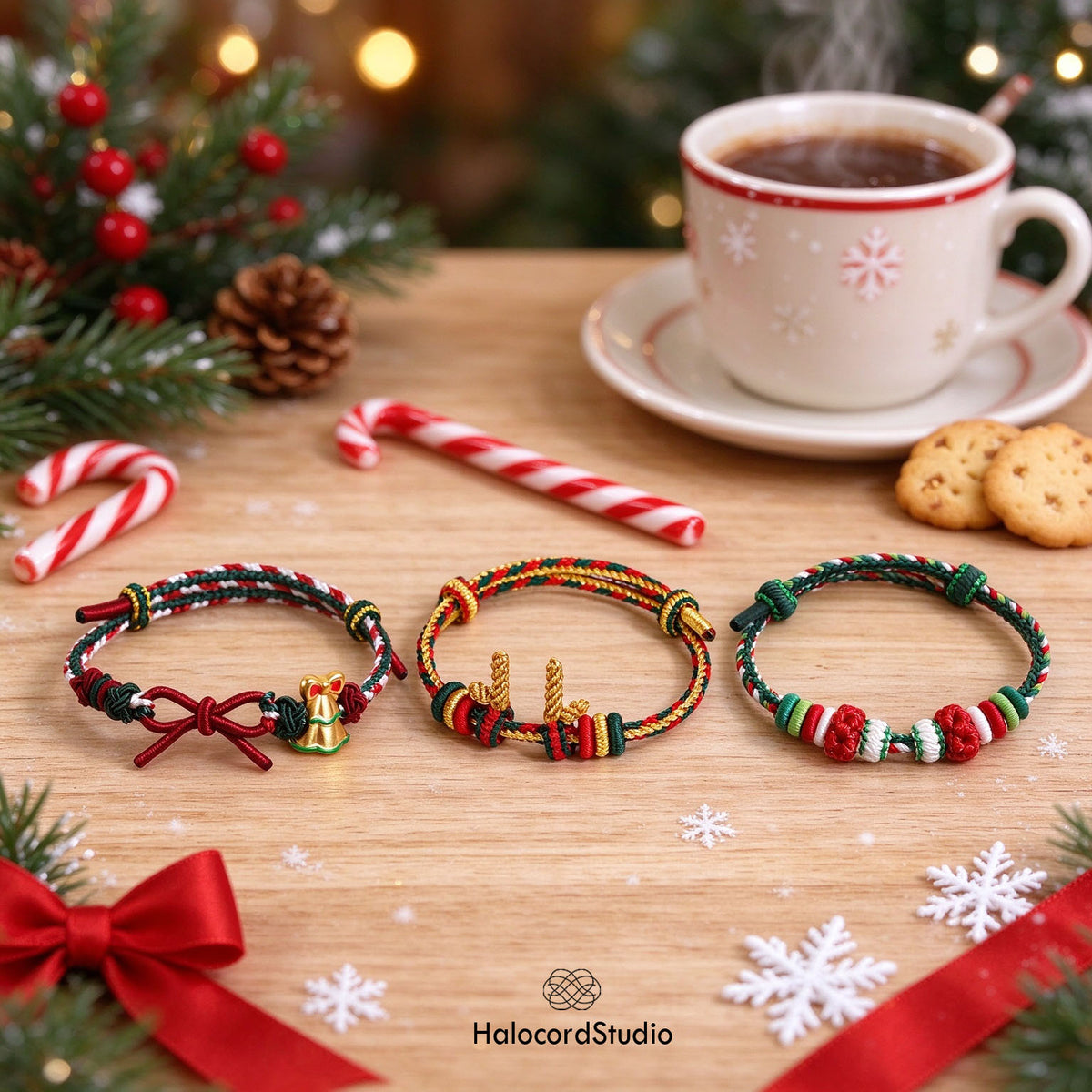 HalocordStudio handwoven Christmas bracelets set of 3 with festive holiday bell, reindeer antlers, and berry knots on wooden tabletop with treats