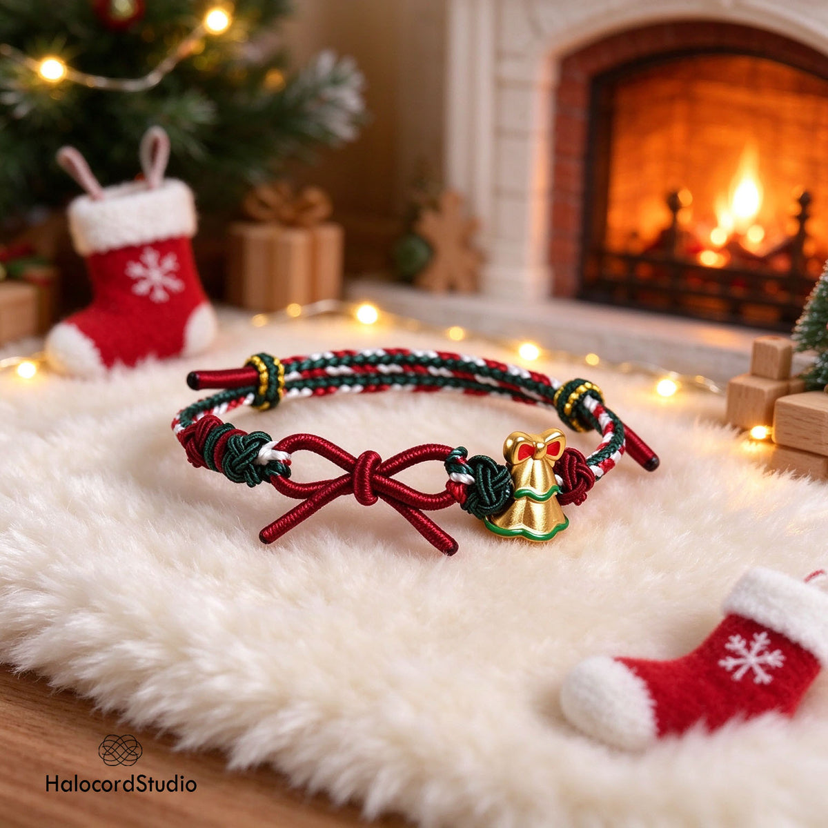 Holiday Bell and Bow variant of handwoven Christmas bracelet with dangling golden bell charm