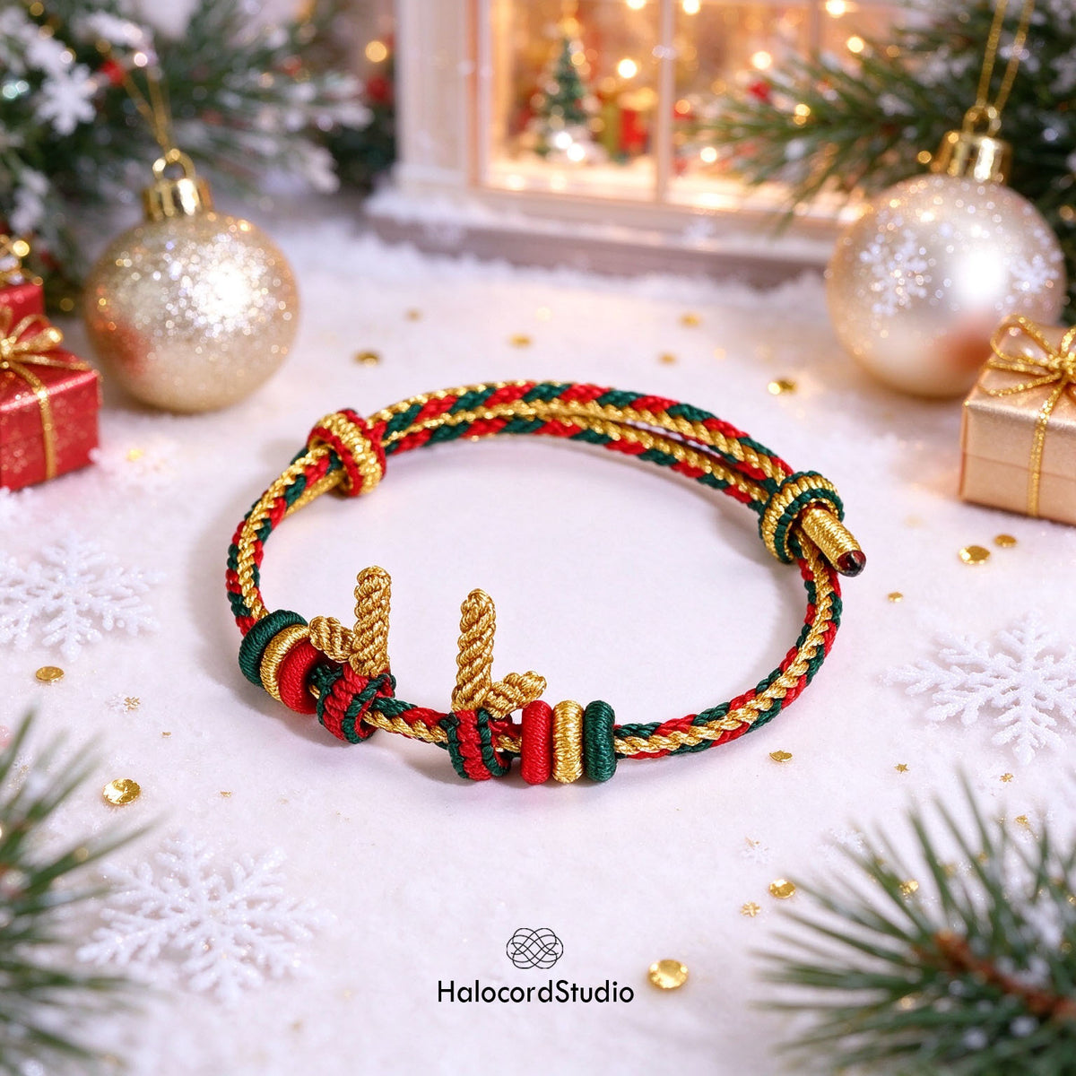 Golden Reindeer Antlers braided Christmas bracelet with sculpted gold cord antlers and festive holiday ornaments