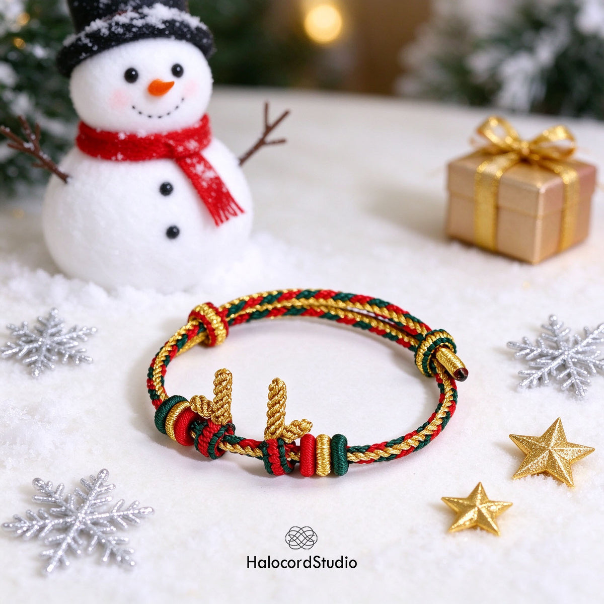 Golden Reindeer Antlers variant of handwoven Christmas bracelet with adjustable sliding knot closure