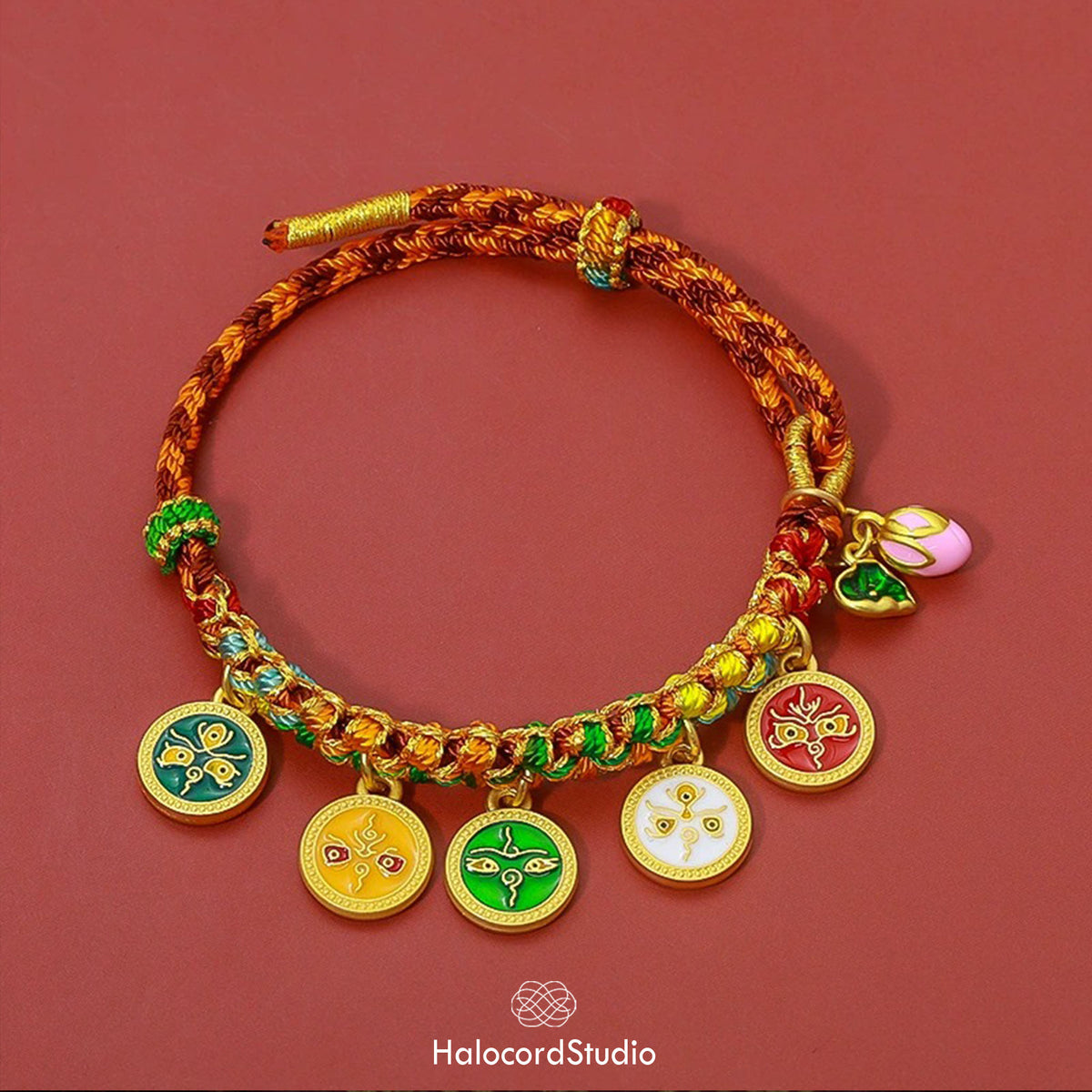 Tibetan Five Direction Wealth Gods Bracelet – Handwoven Cord with Five Jambhala Charms