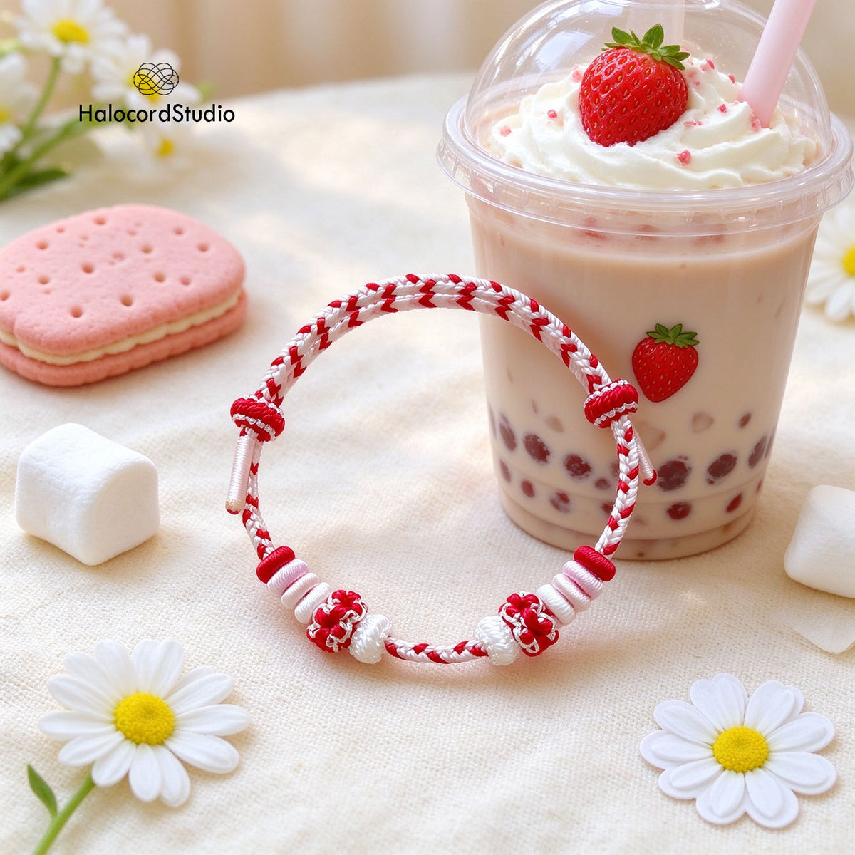 Strawberry Milk handcrafted pastel cord bracelet with cute lucky knots by strawberry boba tea and sweet treats