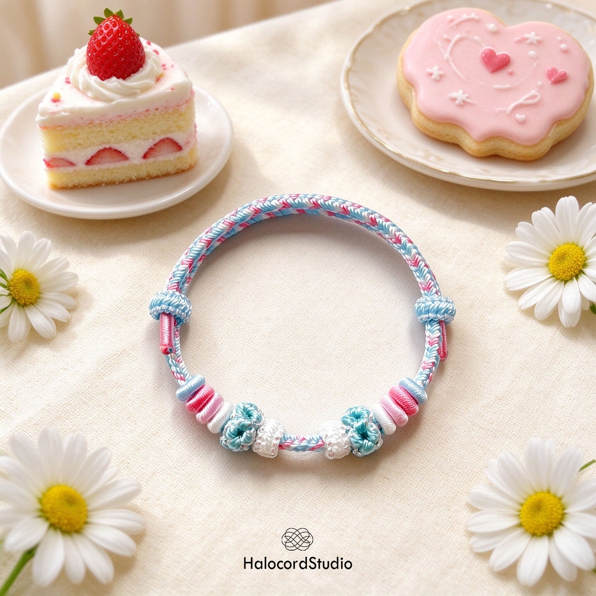  Pastel Sky baby blue and pink handwoven adjustable cord bracelet with cute lucky knot accents and dessert treats