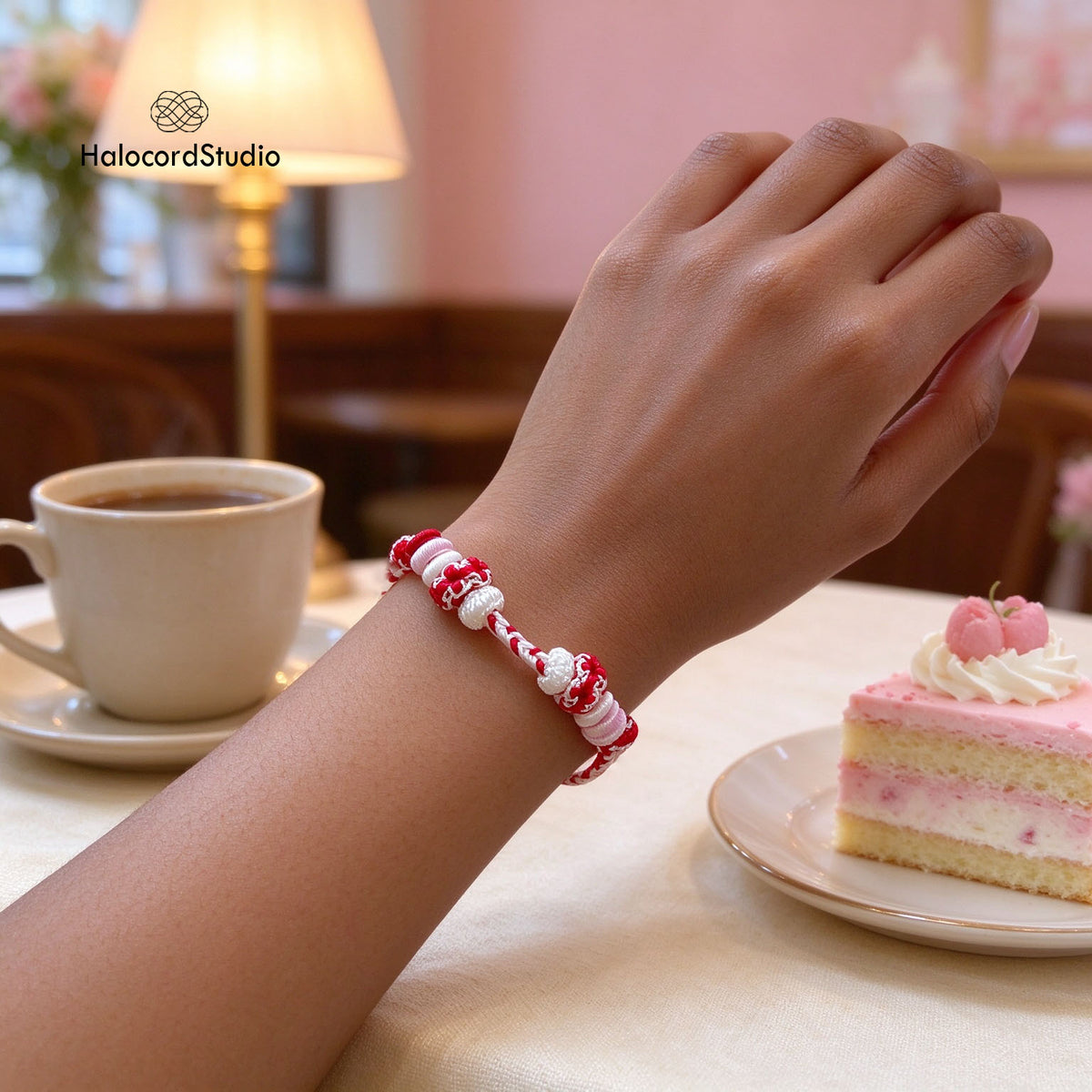 Model wrist wearing HalocordStudio handwoven kawaii friendship bracelet at cozy café table with dessert and coffee