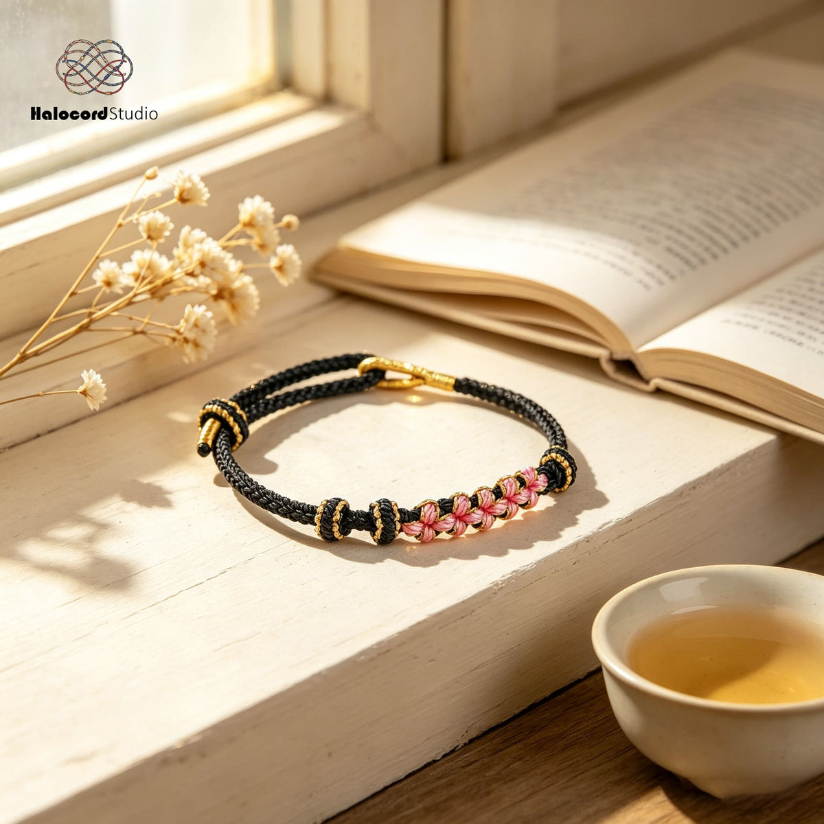 Peach Blossom Knot Bracelet | Handwoven 8-Strand Cord with Removable Charm Rings