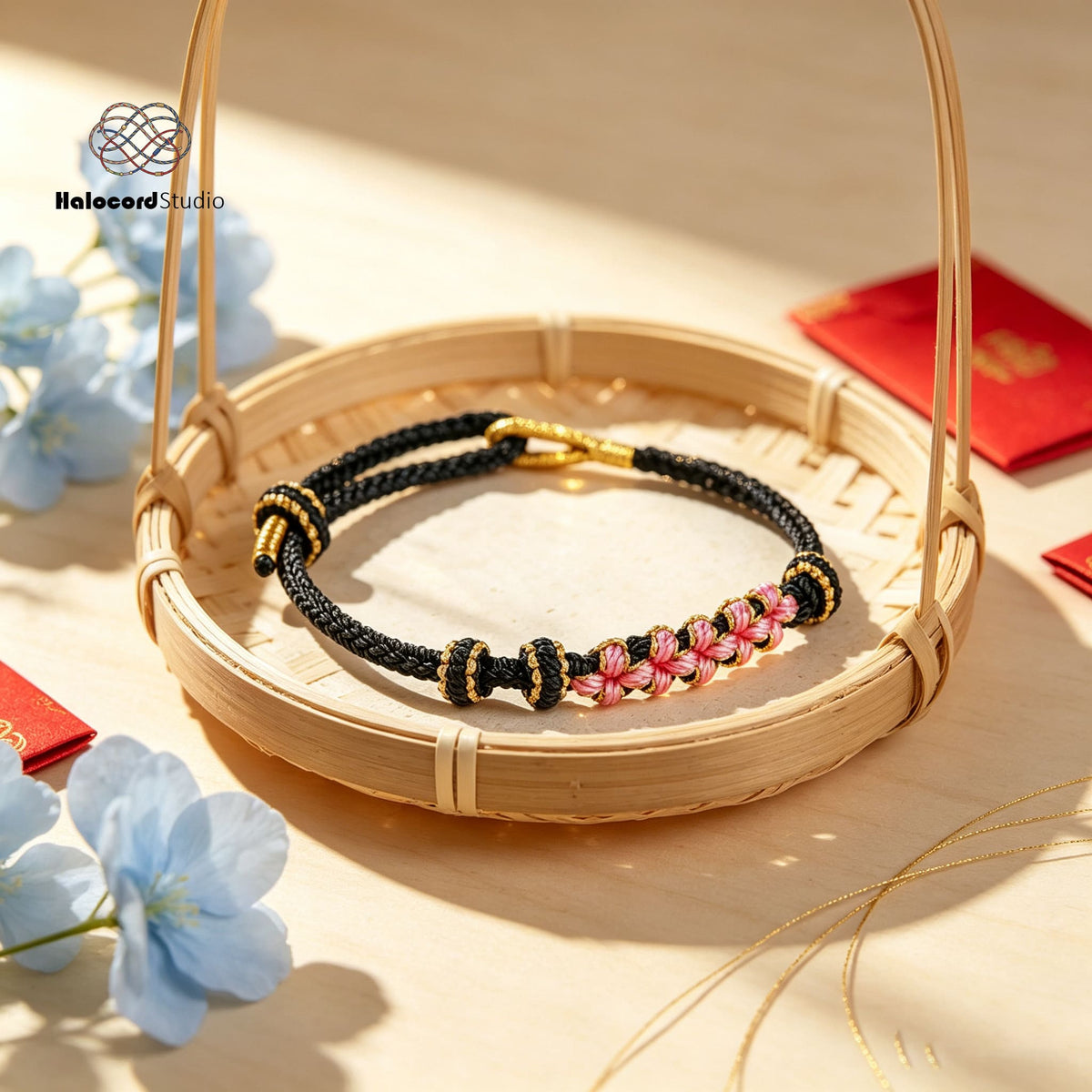 Peach Blossom Knot Bracelet | Handwoven 8-Strand Cord with Removable Charm Rings