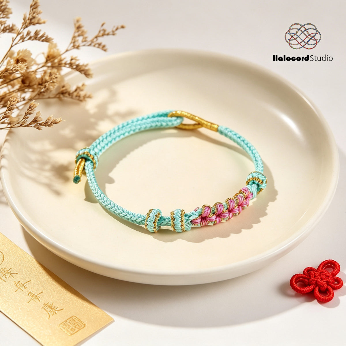 Peach Blossom Knot Bracelet | Handwoven 8-Strand Cord with Removable Charm Rings