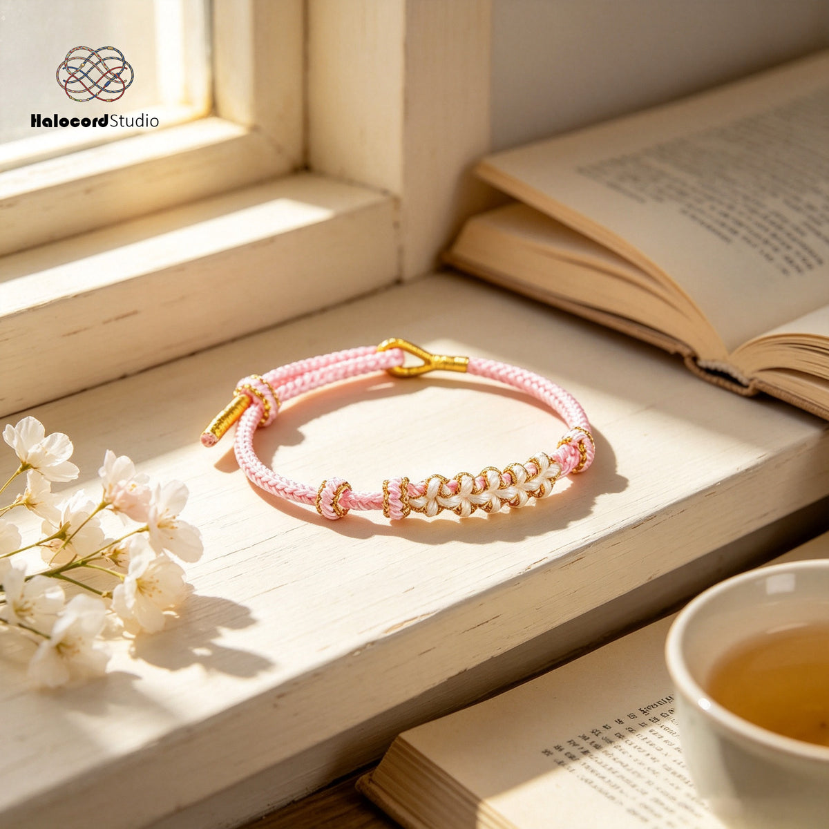 Peach Blossom Knot Bracelet | Handwoven 8-Strand Cord with Removable Charm Rings