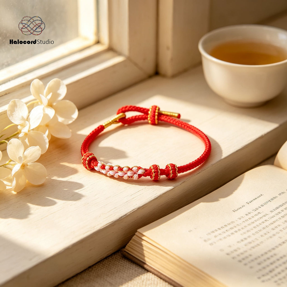 Peach Blossom Knot Bracelet | Handwoven 8-Strand Cord with Removable Charm Rings