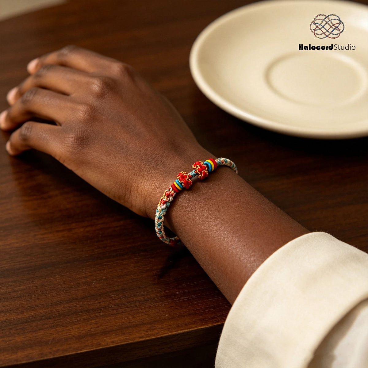 Peach Blossom Knot Bracelet – Two Knots, Ten Blooms | Handwoven Cord with Removable Charm Rings
