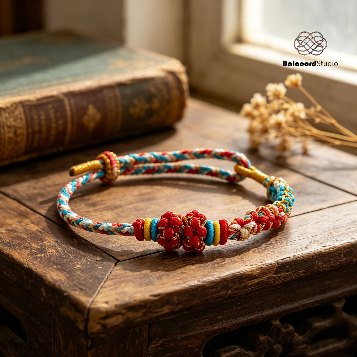 Peach Blossom Knot Bracelet – Two Knots, Ten Blooms | Handwoven Cord with Removable Charm Rings