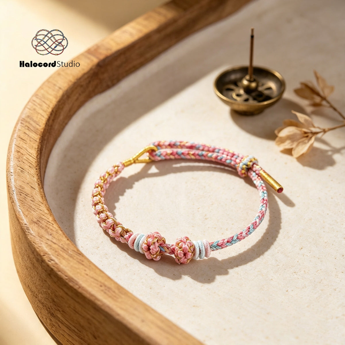 Peach Blossom Knot Bracelet – Two Knots, Ten Blooms | Handwoven Cord with Removable Charm Rings