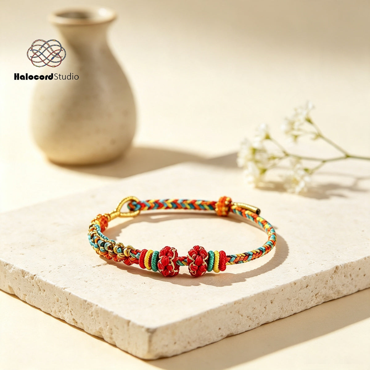 Peach Blossom Knot Bracelet – Two Knots, Ten Blooms | Handwoven Cord with Removable Charm Rings
