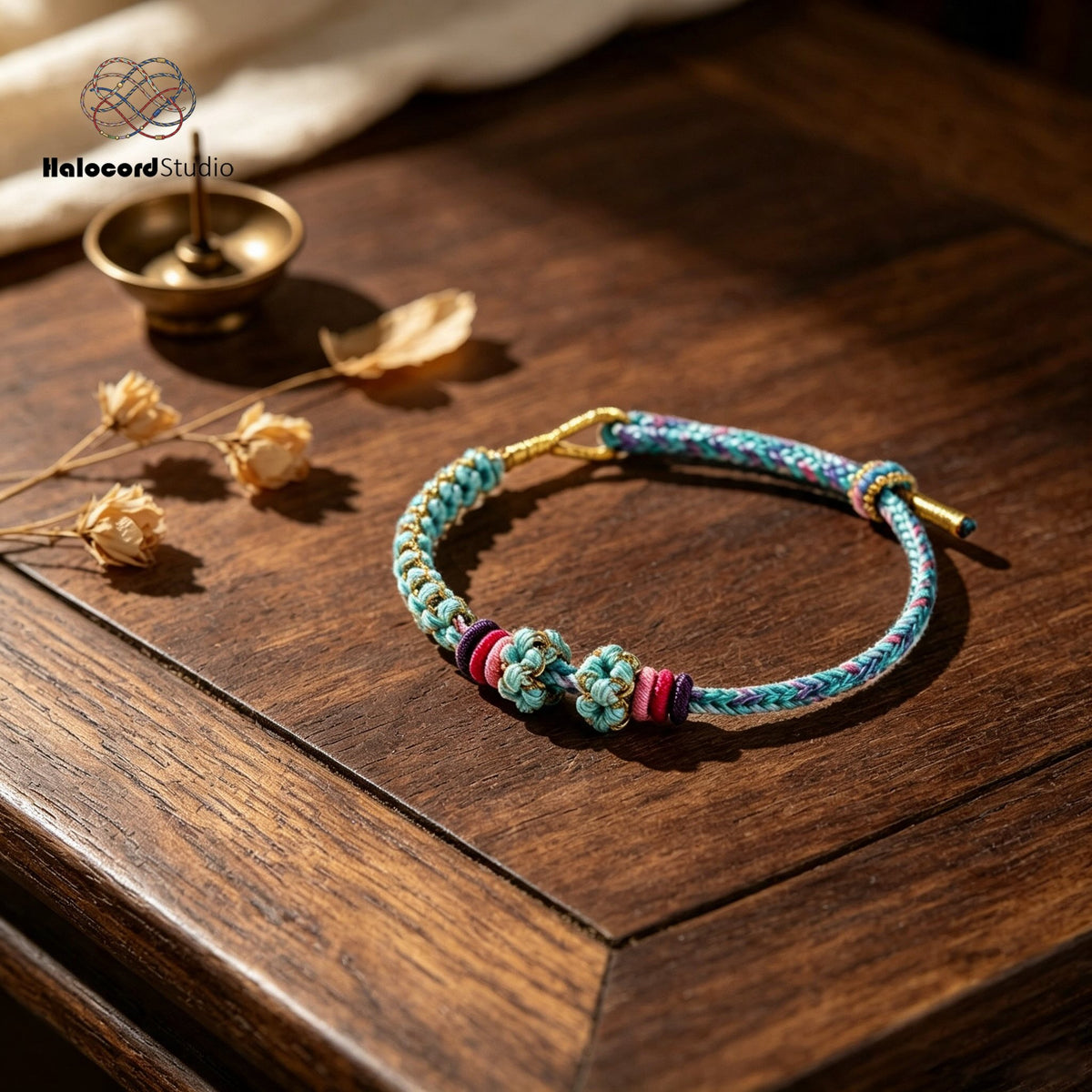 Peach Blossom Knot Bracelet – Two Knots, Ten Blooms | Handwoven Cord with Removable Charm Rings