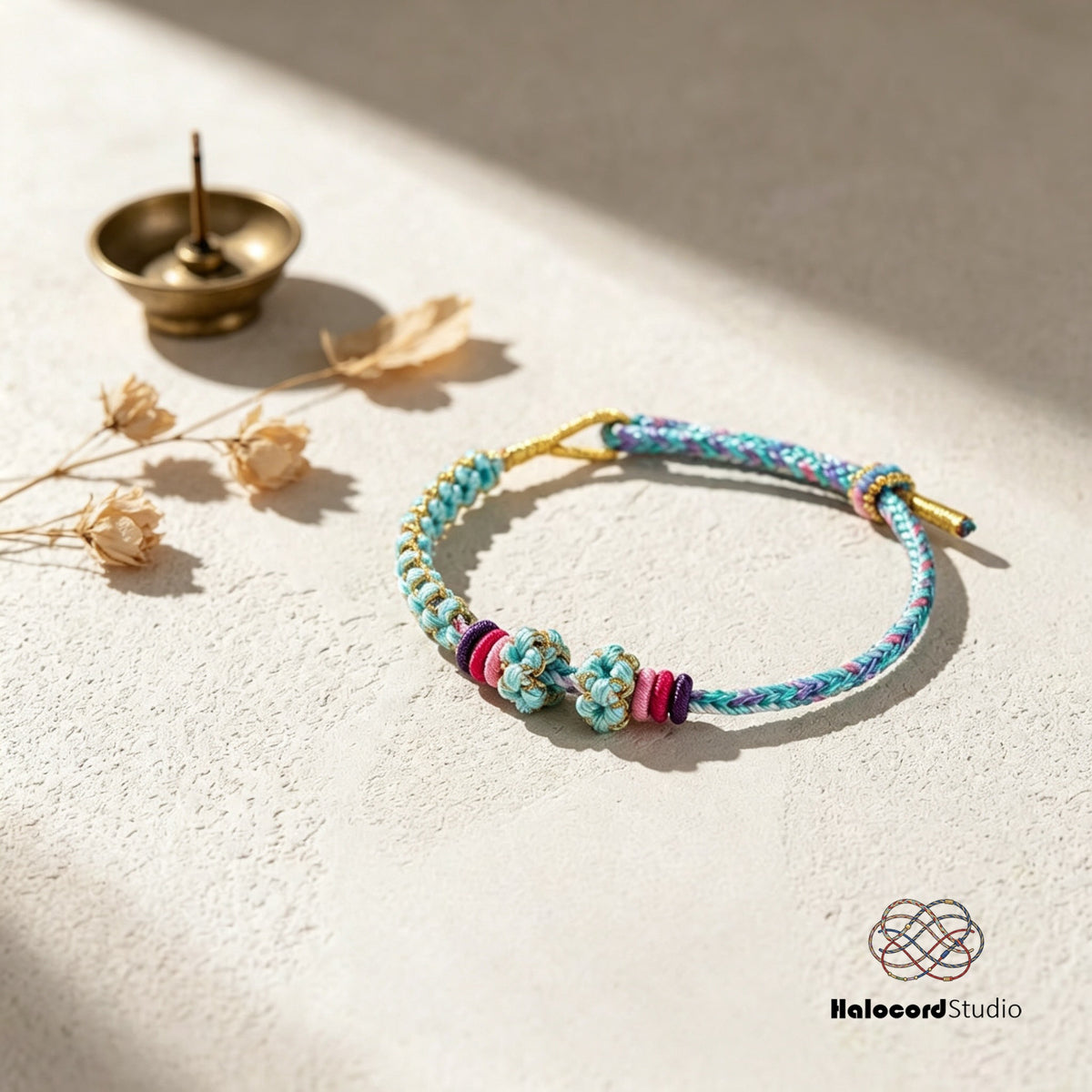 Peach Blossom Knot Bracelet – Two Knots, Ten Blooms | Handwoven Cord with Removable Charm Rings