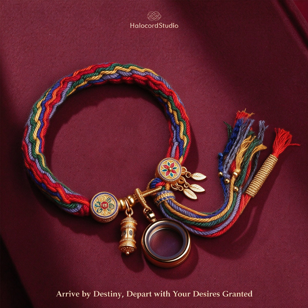 Handwoven Tibetan spiritual bracelet with 5-color braided cord, golden Gau amulet locket, and prayer wheel charm