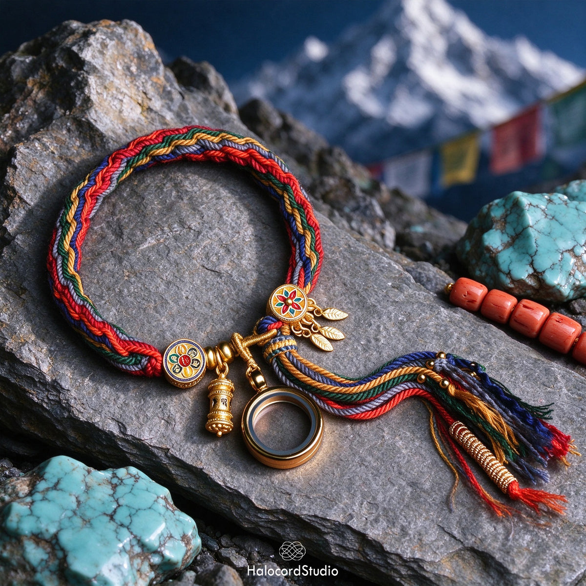 Tibetan protection bracelet styled on sacred mountain rock with turquoise, coral beads, and Himalayan prayer flags