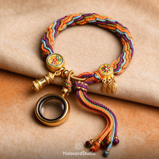 Handwoven Tibetan blessing bracelet with 5-color braided cord, golden prayer wheel, Gau amulet locket, and Bodhi leaf charms