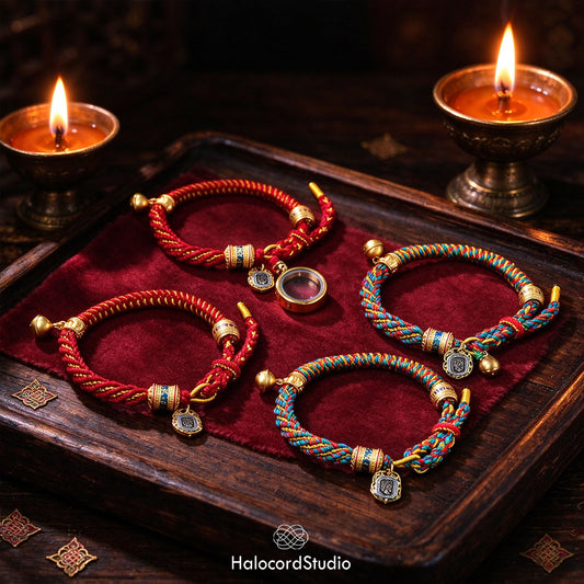 Four handwoven Tibetan lucky knot cord bracelets in red and multicolor blue with brass bells and charms, arranged on a dark wooden tray with butter lamps and a brass gau amulet box