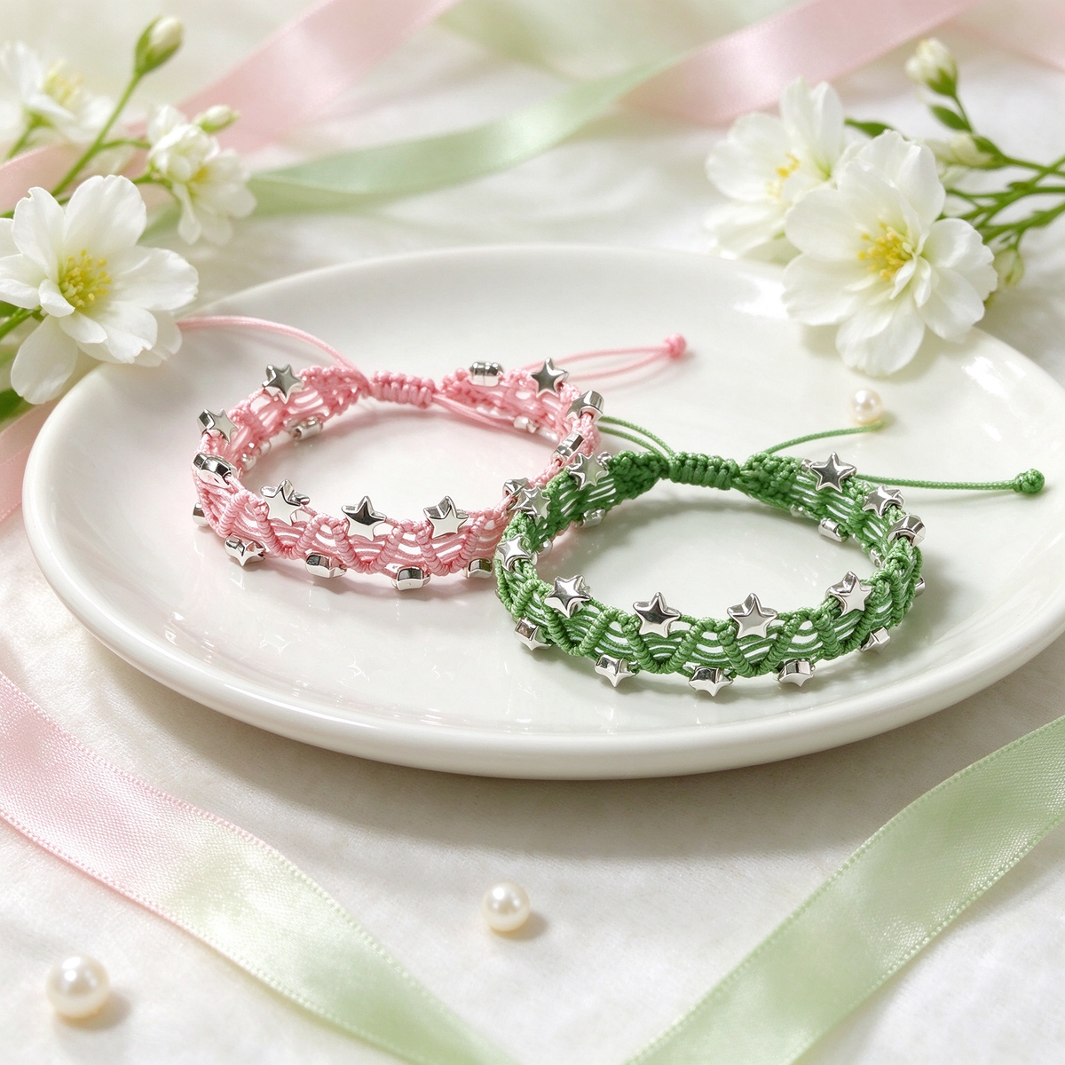 Pastel pink and sage green handmade star charm bracelets styled together on a white decorative dish